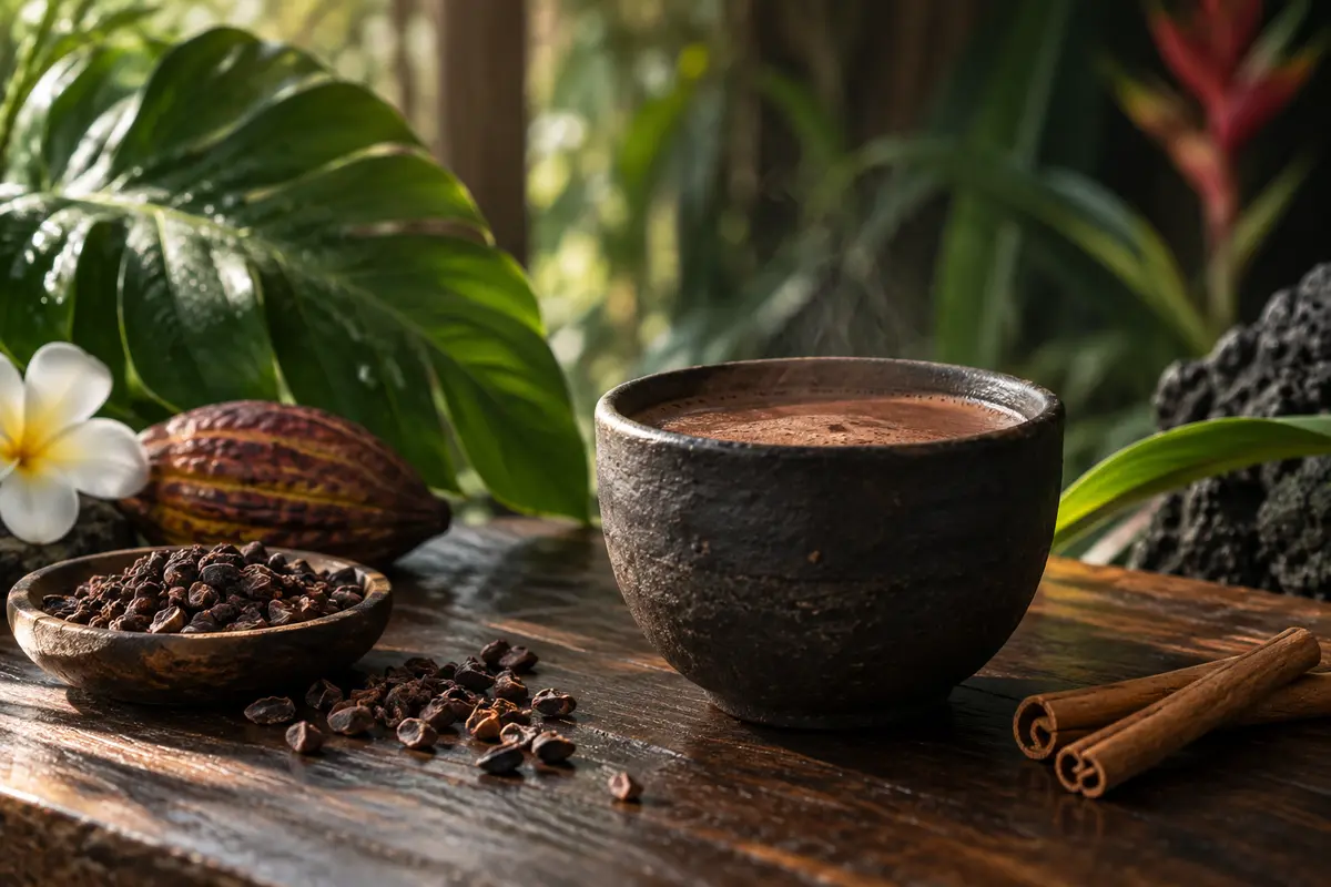 Concept illustration of a cacao drink with cinnamon and cacao nibs