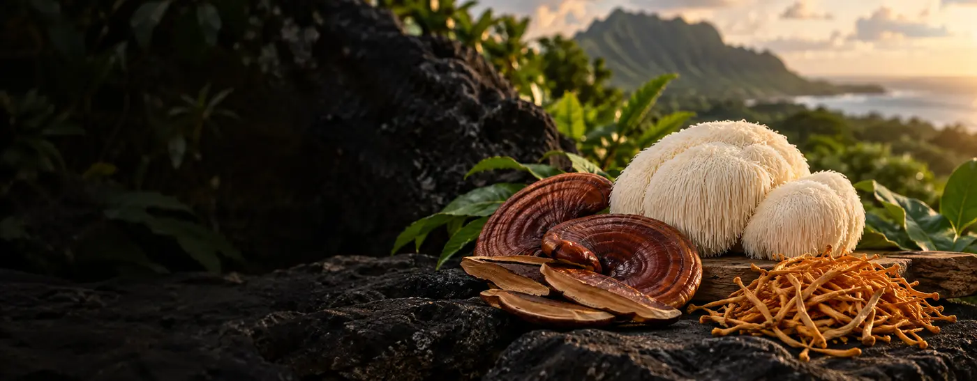 Concept artwork of lion’s mane, reishi and cordyceps in an island setting