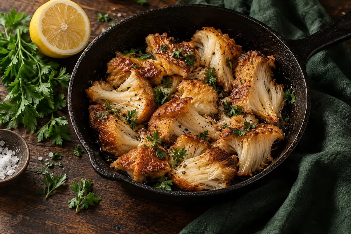 Illustration of seared lion’s mane with herbs and lemon in a skillet
